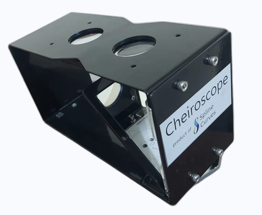 The Cheiroscope by Spline Curves, a black sheet metal instrument with twin eyepieces